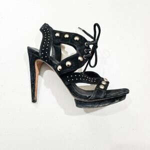 Rebecca Minkoff Ilima Black Suede Leather Platform Open Toe Heel Sandal Size 6.5